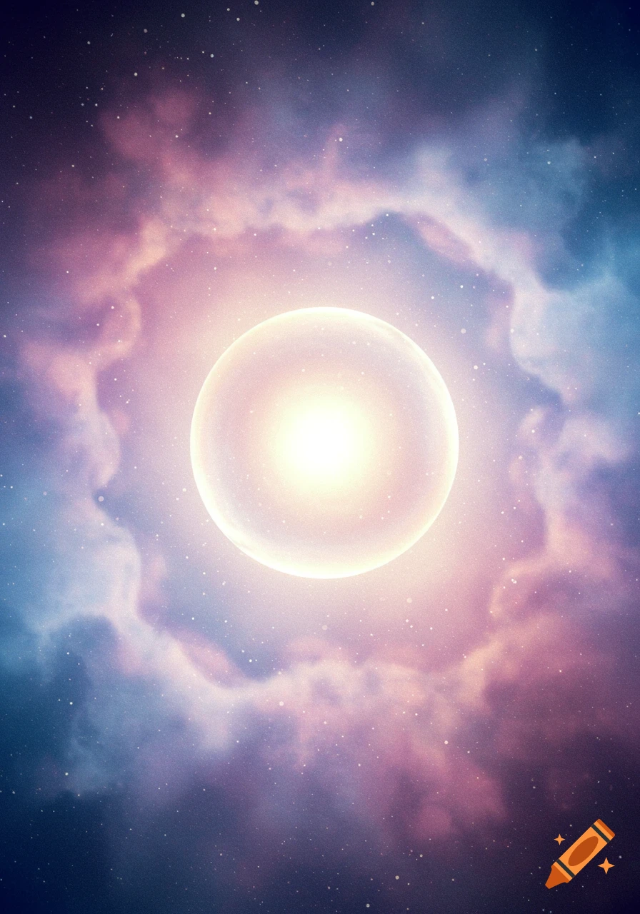 A luminous spherical orb glows in a vibrant nebula of purple, pink, and blue clouds, surrounded by scattered stars.
