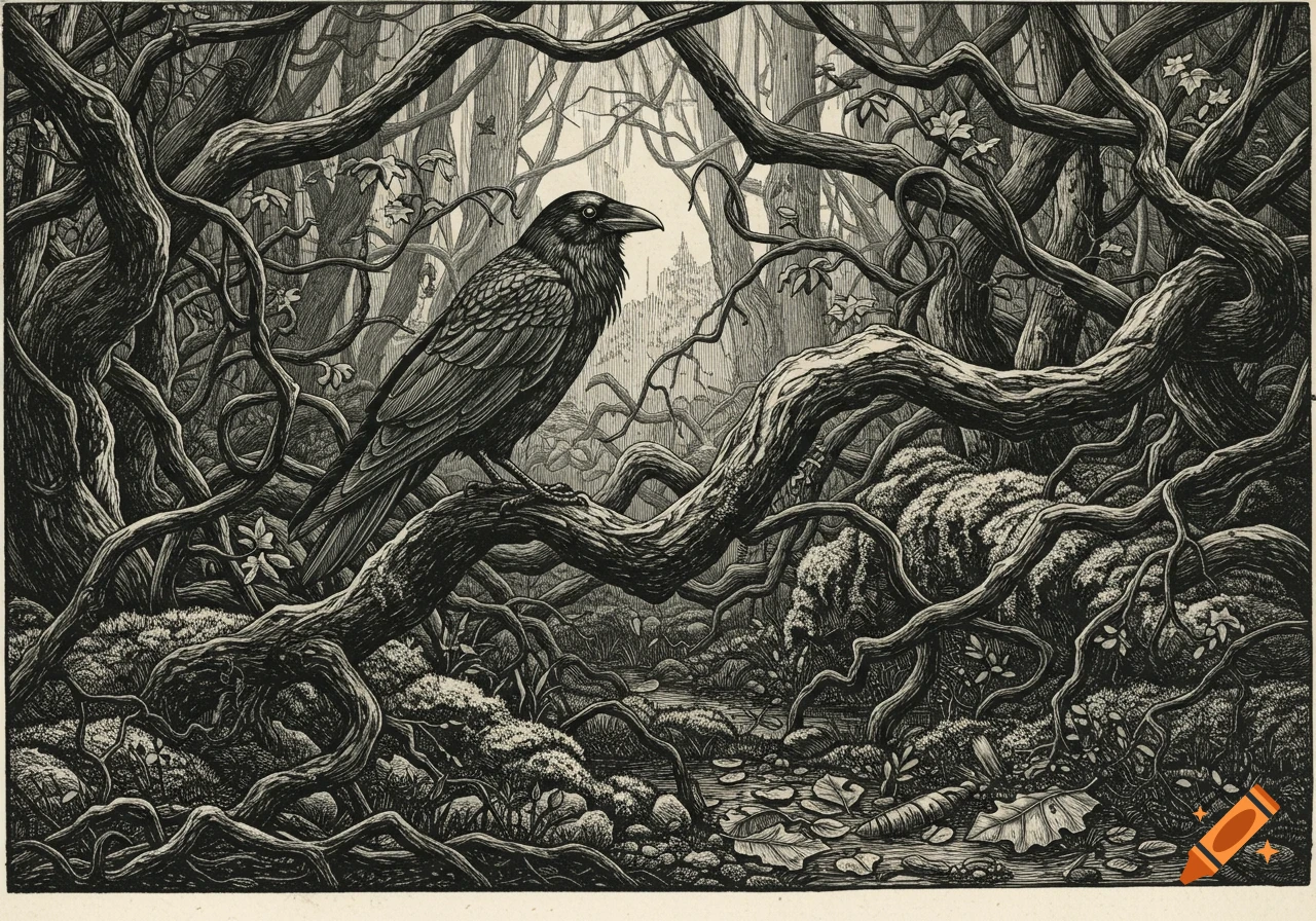 A black raven perches on a gnarled branch in a dense, dark forest, depicted in a detailed old engraving style.