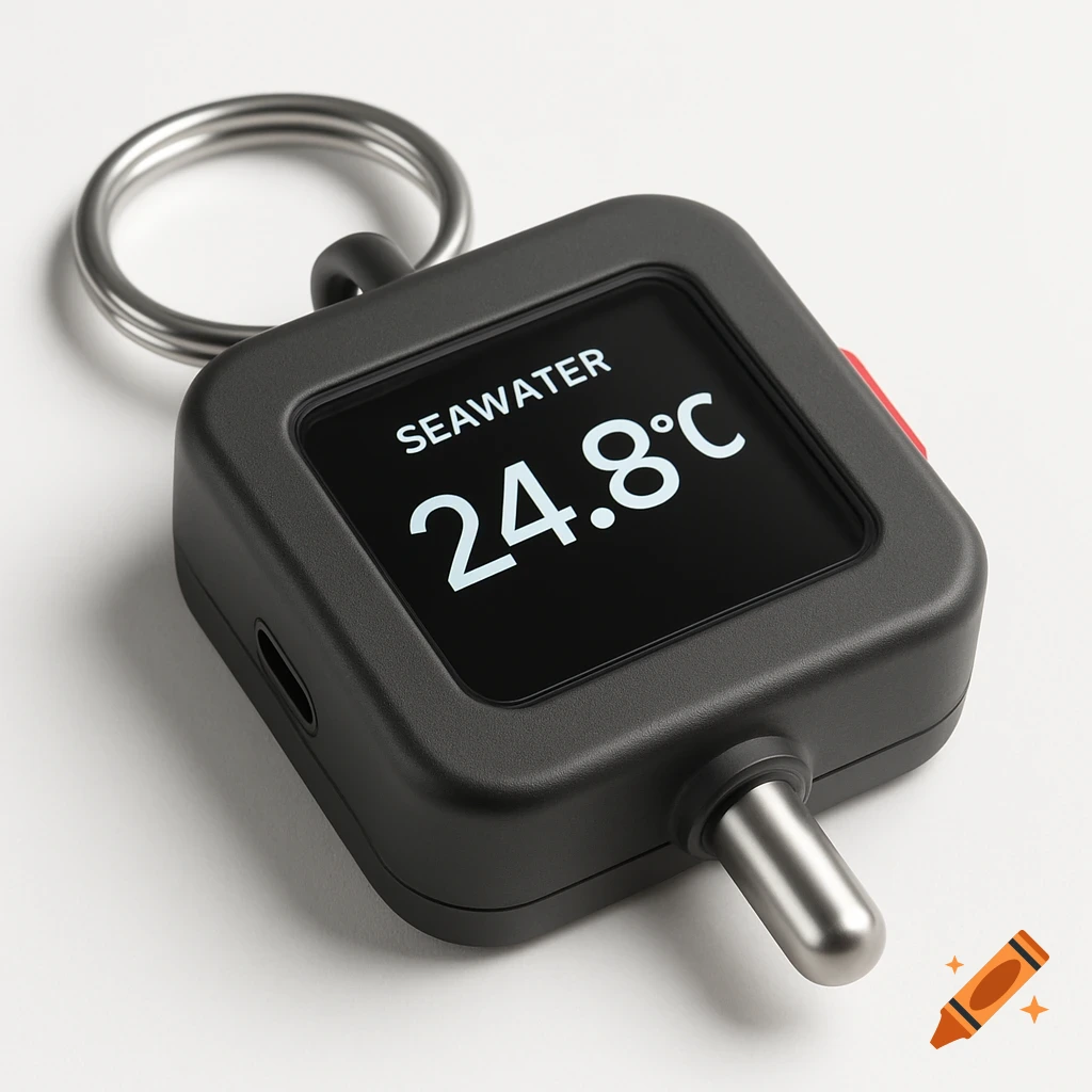 A close-up photorealistic render of a black compact digital seawater thermometer keyring showing 'SEAWATER 24.80C' on its screen.