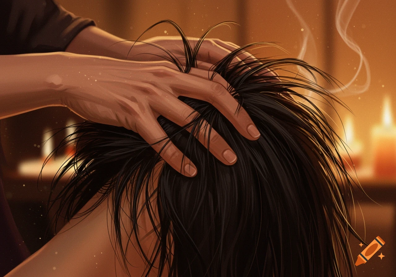Close-up of hands giving a head massage to a person with messy dark hair in a warm, candlelit setting, steam rising.