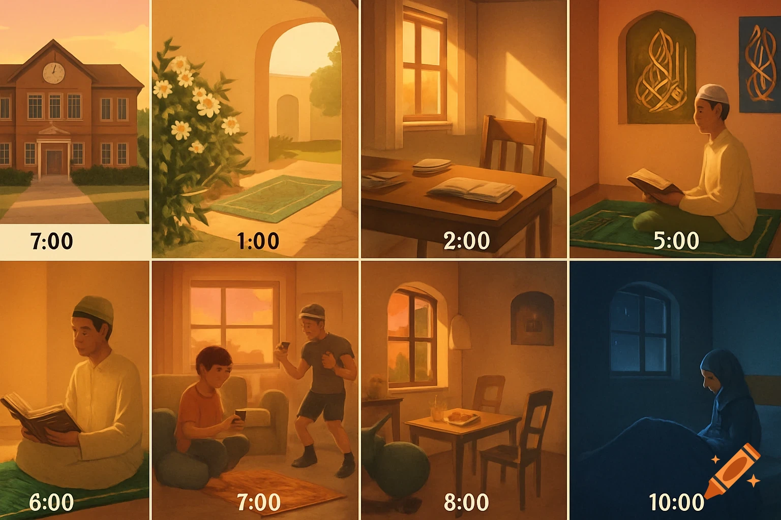 An 8-panel illustration depicting a daily routine from morning to night, showing activities like school, prayer, studying, playing, and relaxing, each with a corresponding time stamp.