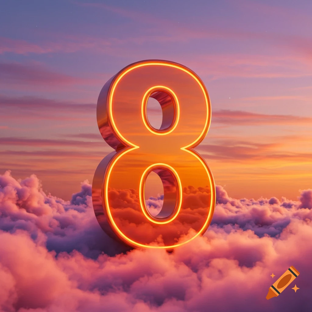A large, glowing orange chrome number 8 floats above pink and orange clouds in a sunset sky.