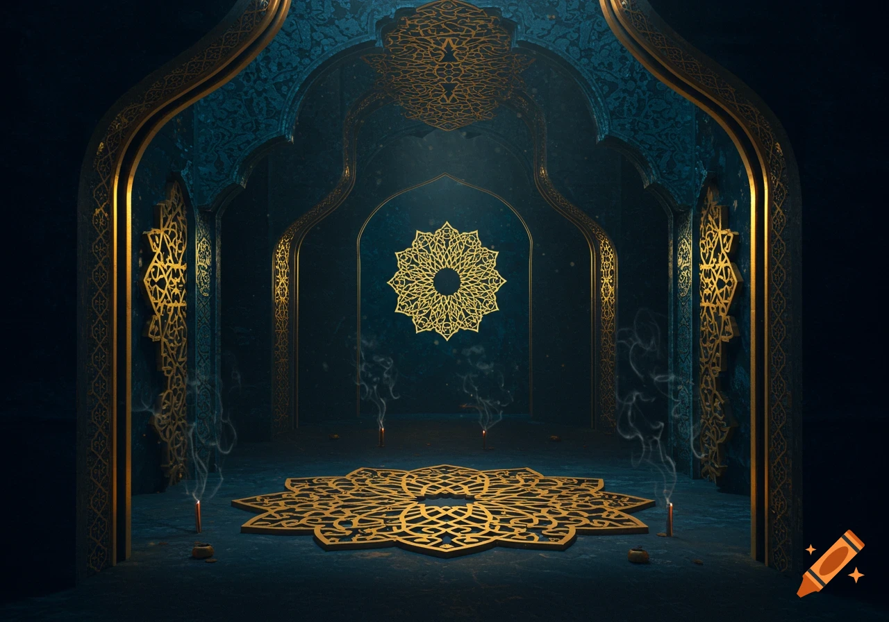 Ornate room with dark teal walls, gold Islamic geometric patterns, lit candles, and smoke.