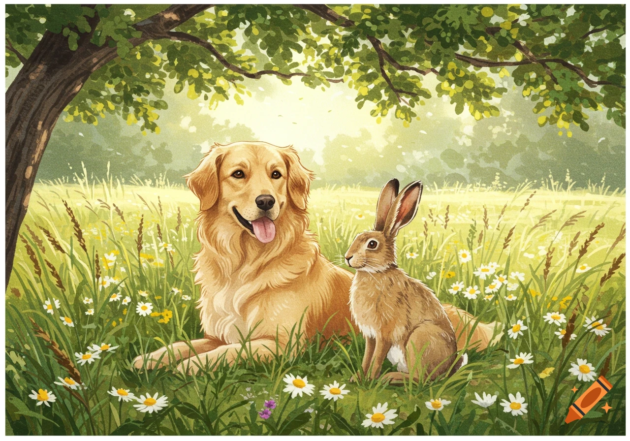 Illustration of a Golden Retriever dog and a rabbit lying in a sunny field of daisies under a tree.