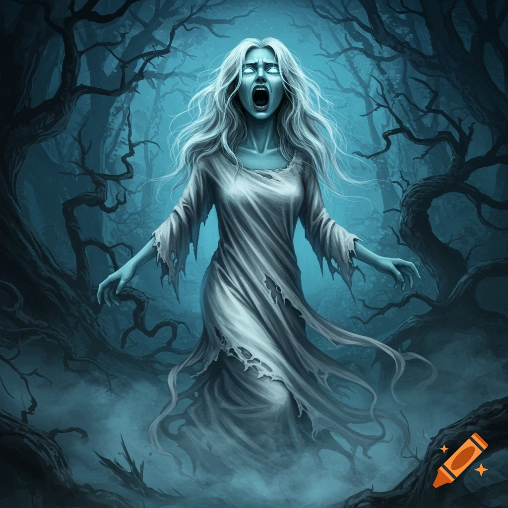 A ghostly woman with glowing eyes and long white hair screams in a dark, misty forest, her tattered white dress flowing.