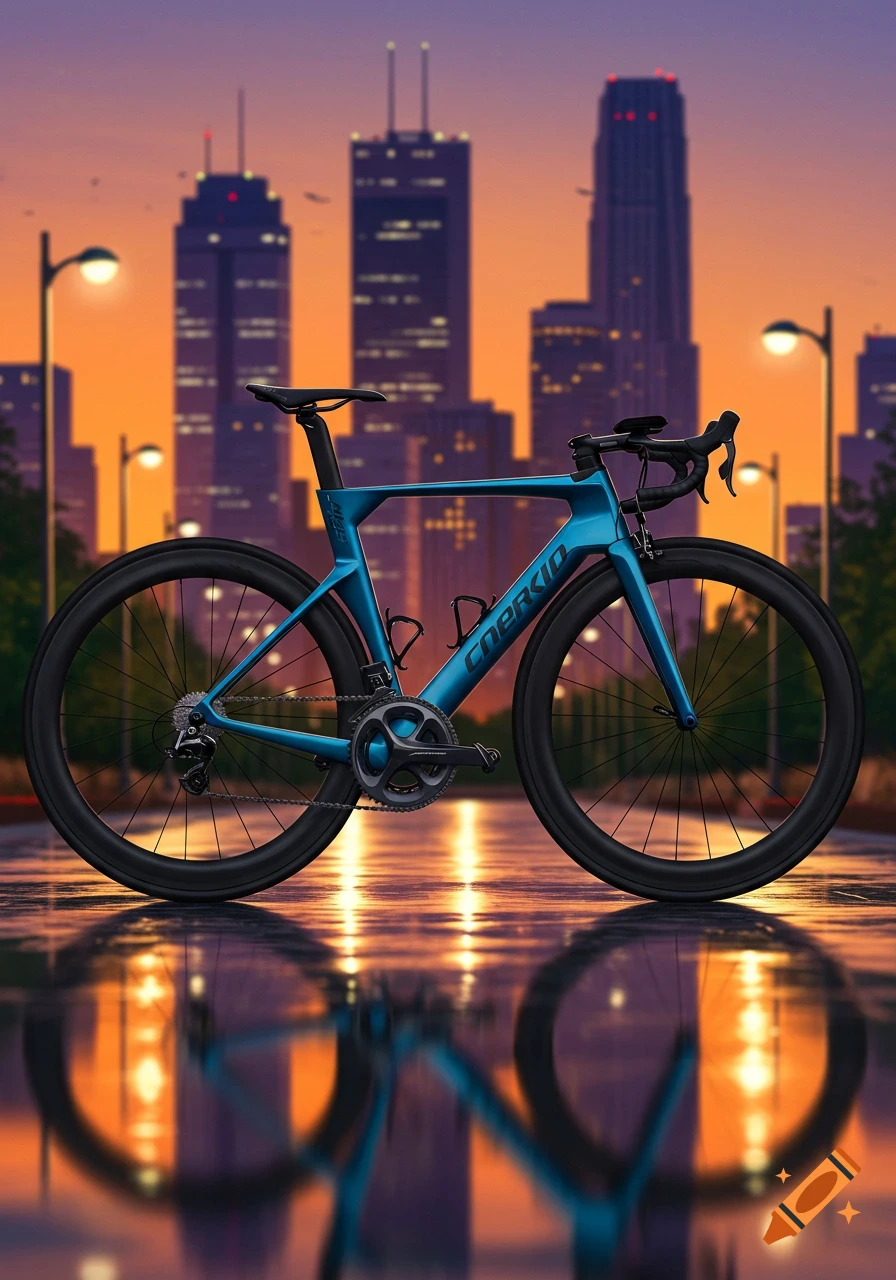 A sleek, blue road bicycle stands on a wet street with reflections, against a backdrop of city skyscrapers and an orange sunset.