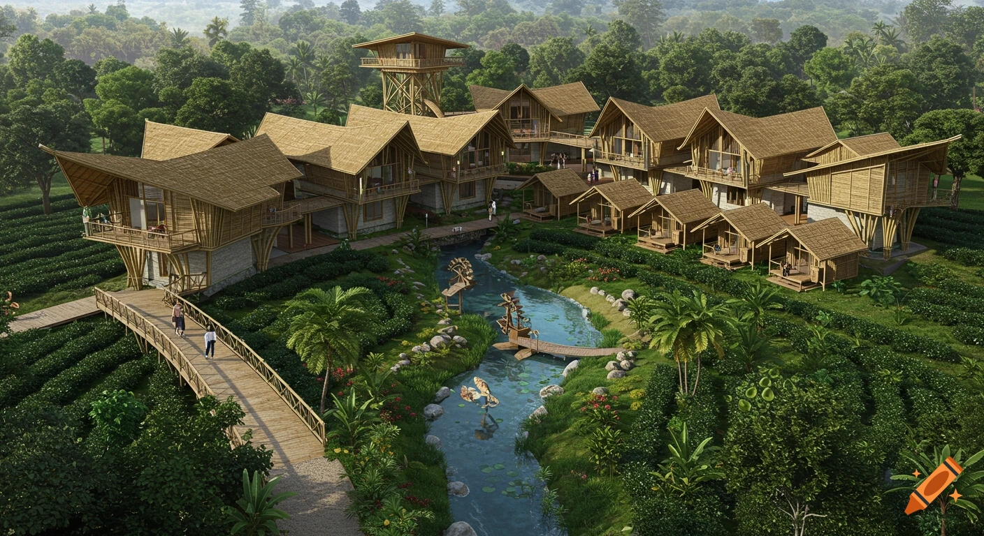 Photorealistic aerial view of a bamboo resort with lodges, a stream, bridges, and a tea garden in a lush tropical setting.