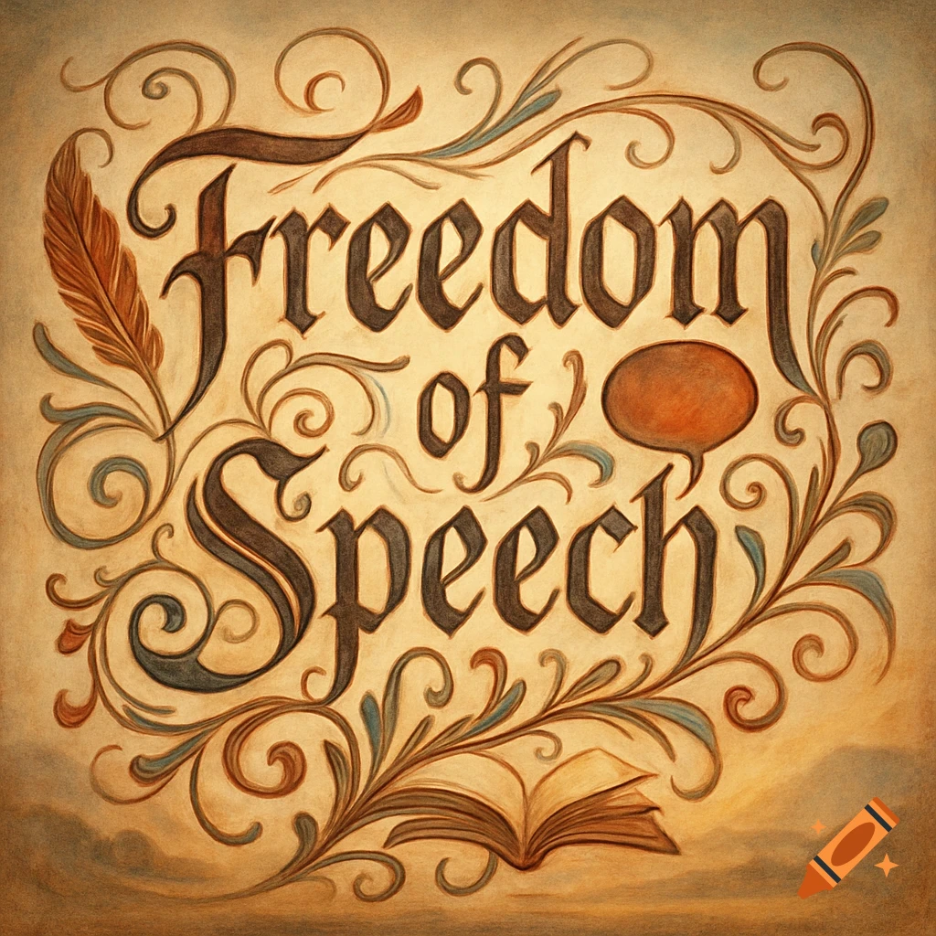 Ornate calligraphy spells 'Freedom of Speech' with a quill, speech bubble, and open book on an aged parchment background.