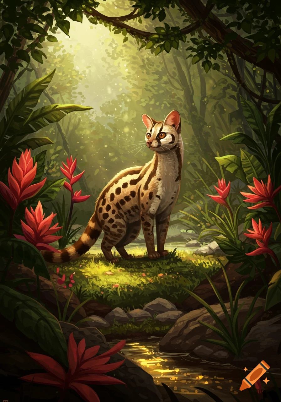 A spotted genet stands in a vibrant, sunlit forest with red tropical flowers and a stream. Digital art.