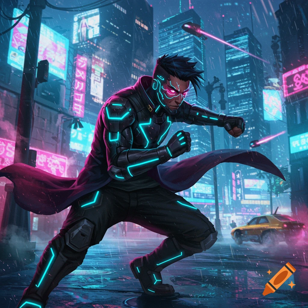 A male brawler in a neon-lit futuristic suit and trench coat, crouched in a rainy cyberpunk city street with neon signs.