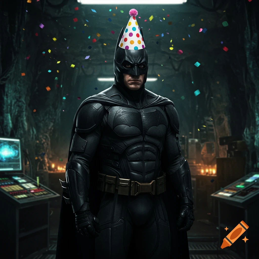 Photorealistic Batman in his Batcave, wearing a polka-dot birthday hat with confetti falling around him.