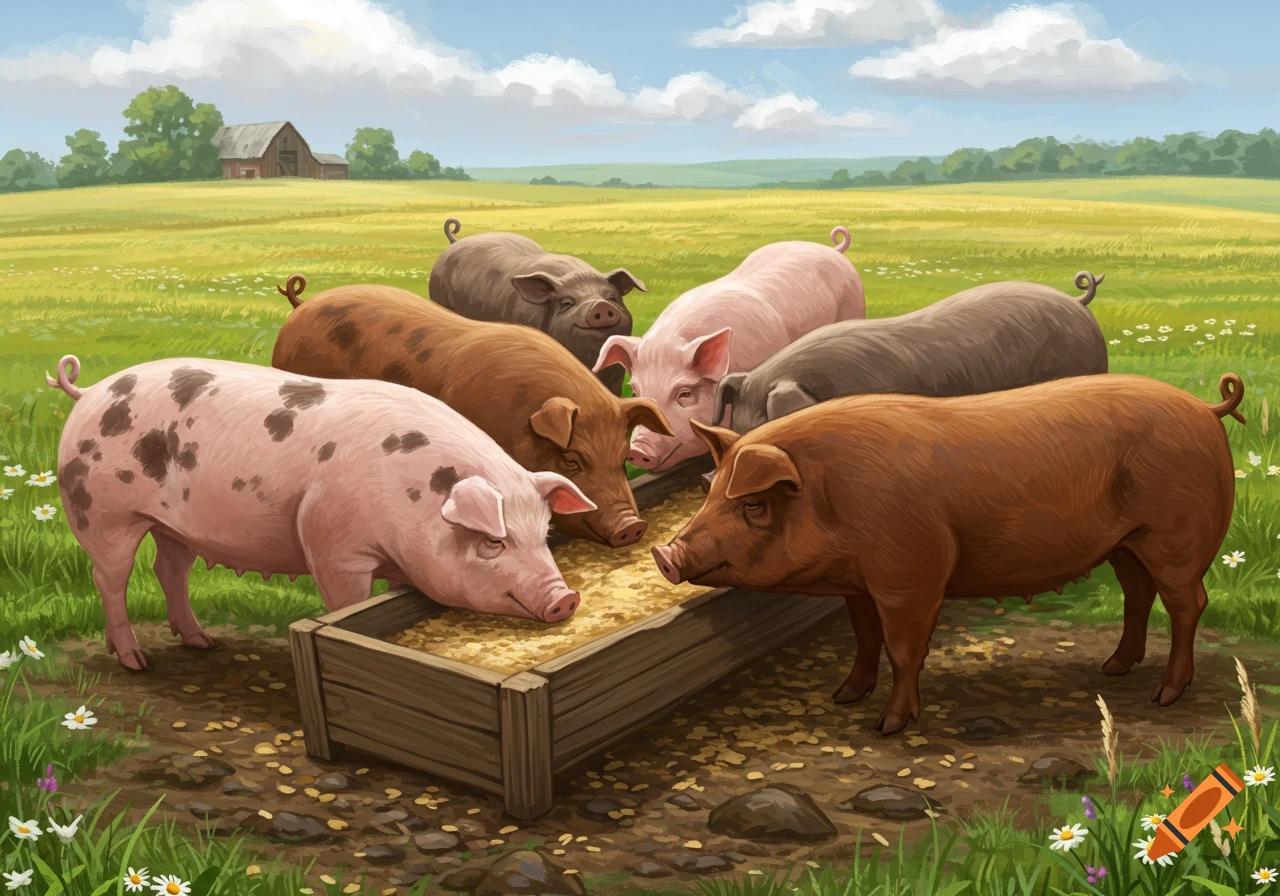 Six colorful pigs eat from a wooden trough in a green, sunny field with a barn in the background, illustrated.
