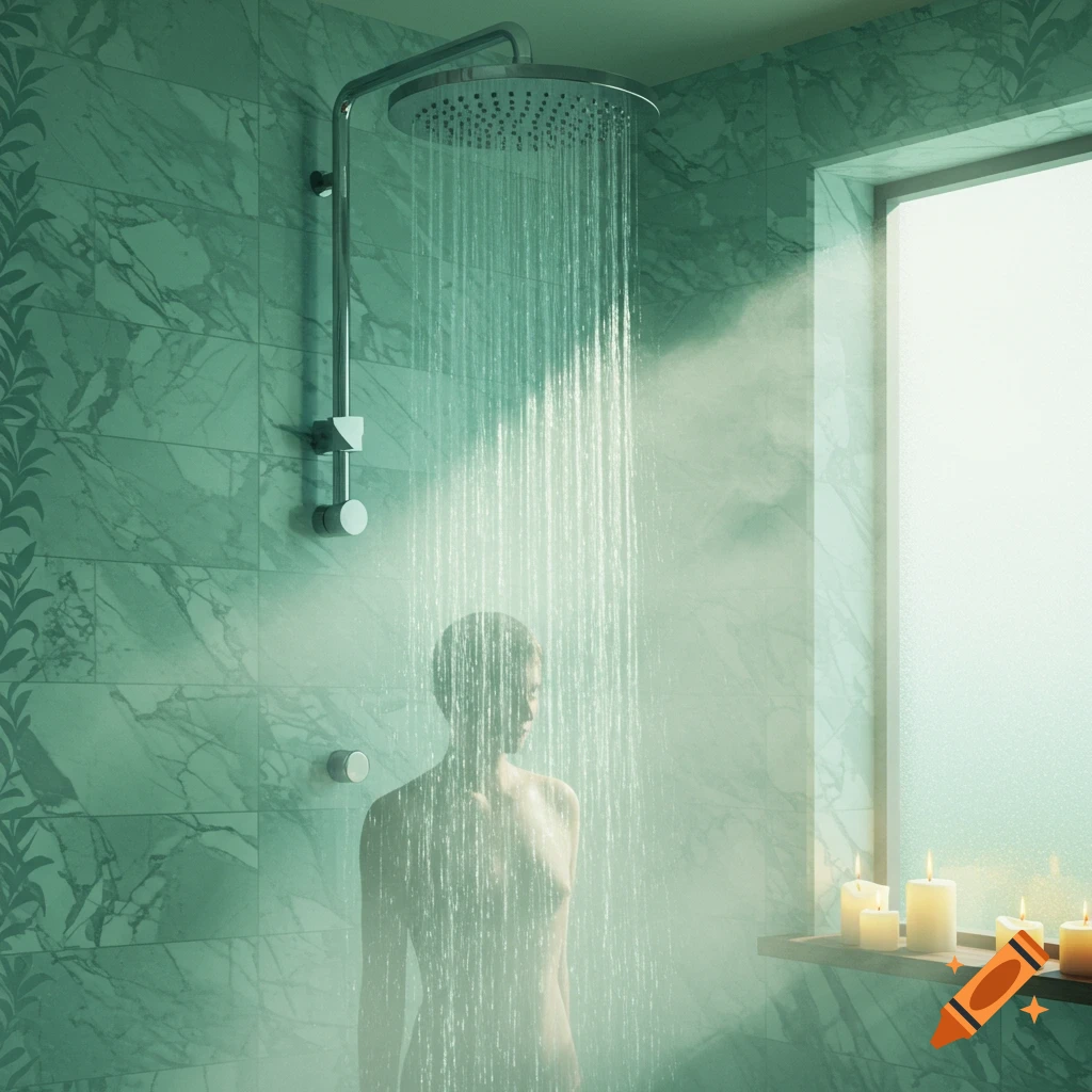 A person showers in a steamy bathroom with green marble walls and candles on a window ledge, captured in a photorealistic style.