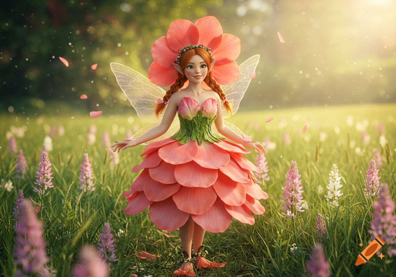 Whimsical flower elf in a pink petal dress and flower hat, with braided ginger hair and freckles, stands in a sunlit meadow of wildflowers.