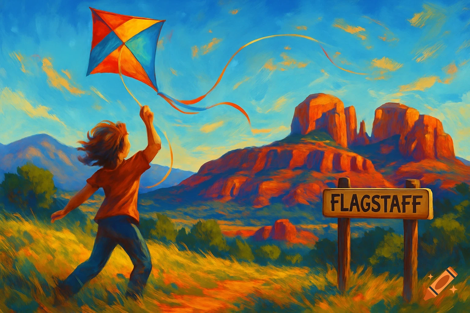 A child flies a colorful kite in a vibrant, painterly landscape with red rock mountains and a 'FLAGSTAFF' sign.