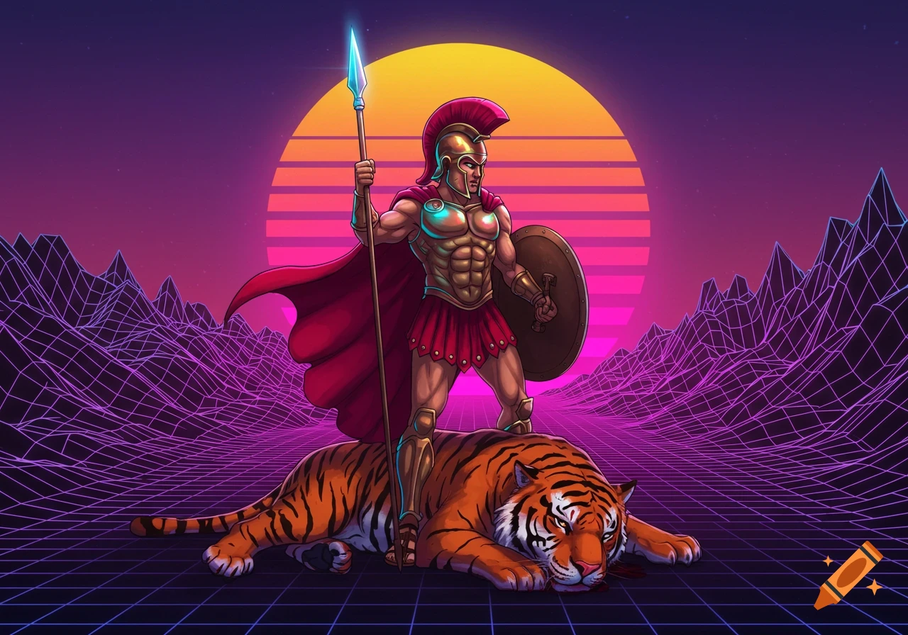 A muscled Spartan warrior in red and gold armor stands heroically on a defeated tiger in a vibrant 80s retro neon landscape with grid mountains and sunset.
