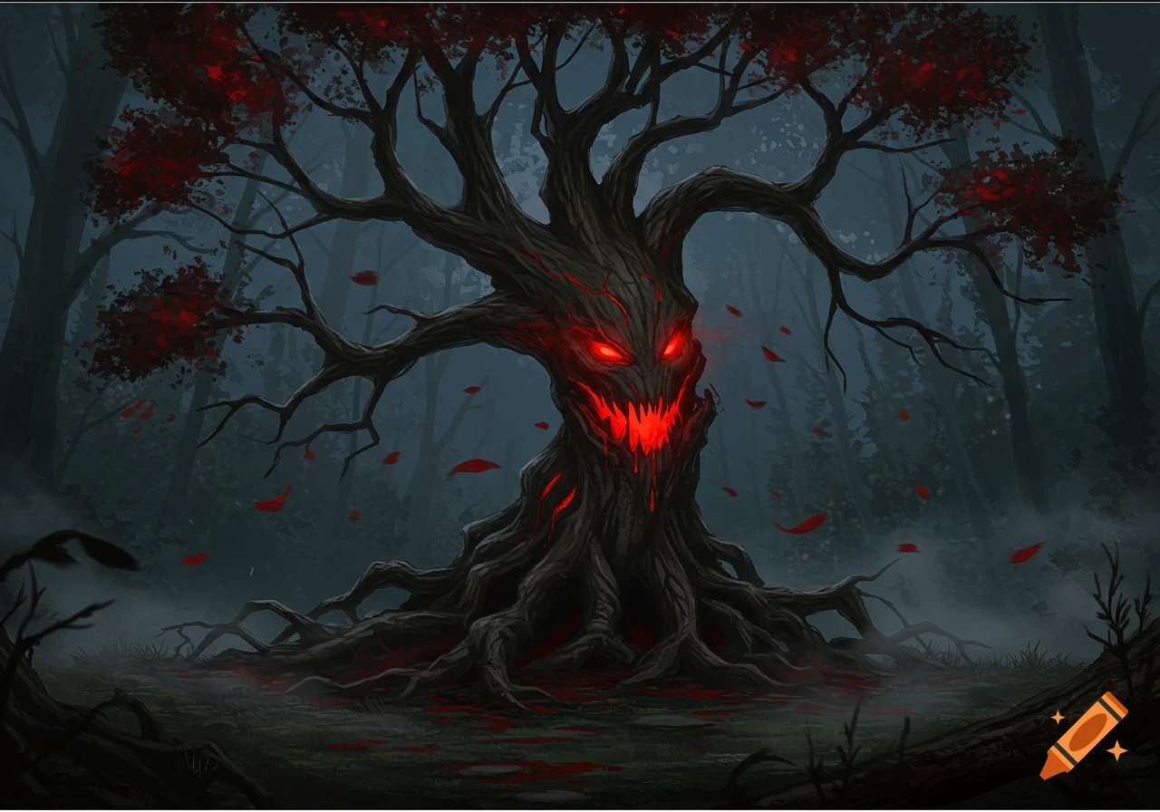A monstrous, gnarled tree with glowing red eyes and mouth stands in a dark, foggy forest, with red leaves and liquid on the ground.