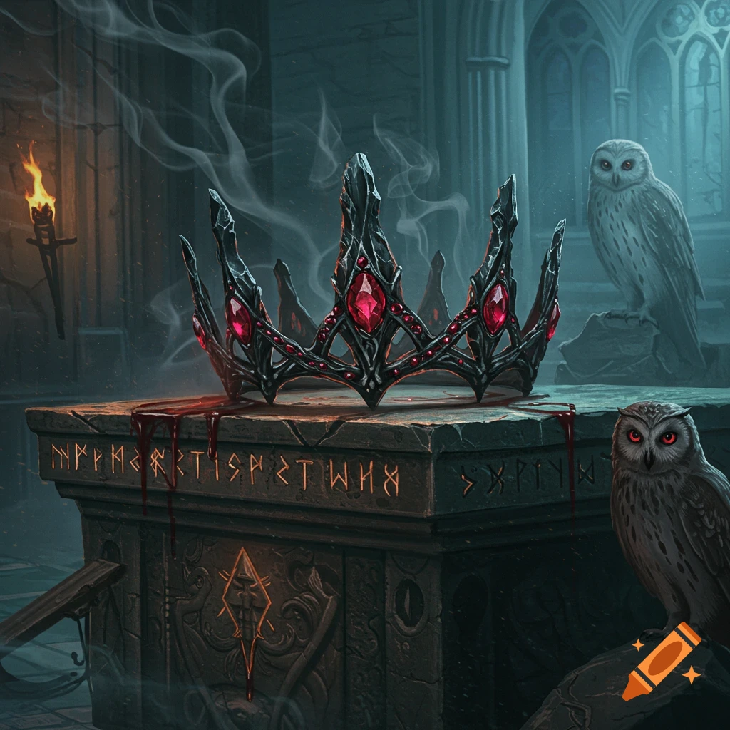 A dark, ornate black crown with red jewels, dripping blood onto a stone pedestal carved with runes, flanked by two white owls with glowing red eyes in a gloomy crypt.