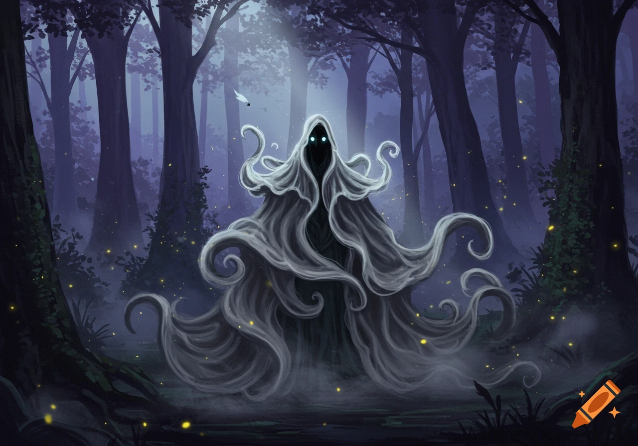 A mysterious, dark figure with glowing eyes and a swirling smoke cloak stands in a dark, misty forest with fireflies.