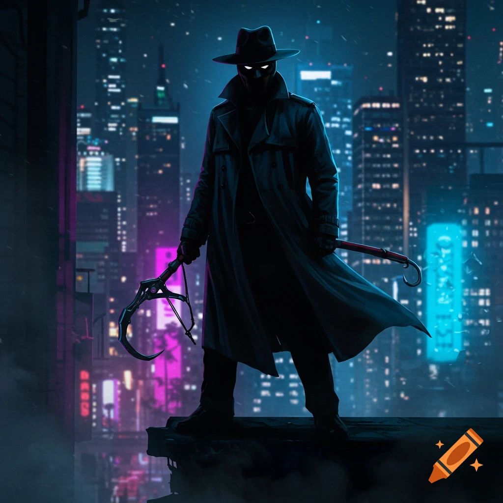 A masked vigilante in a trench coat and fedora stands on a rooftop, holding a grappling hook against a neon cyberpunk city at night.