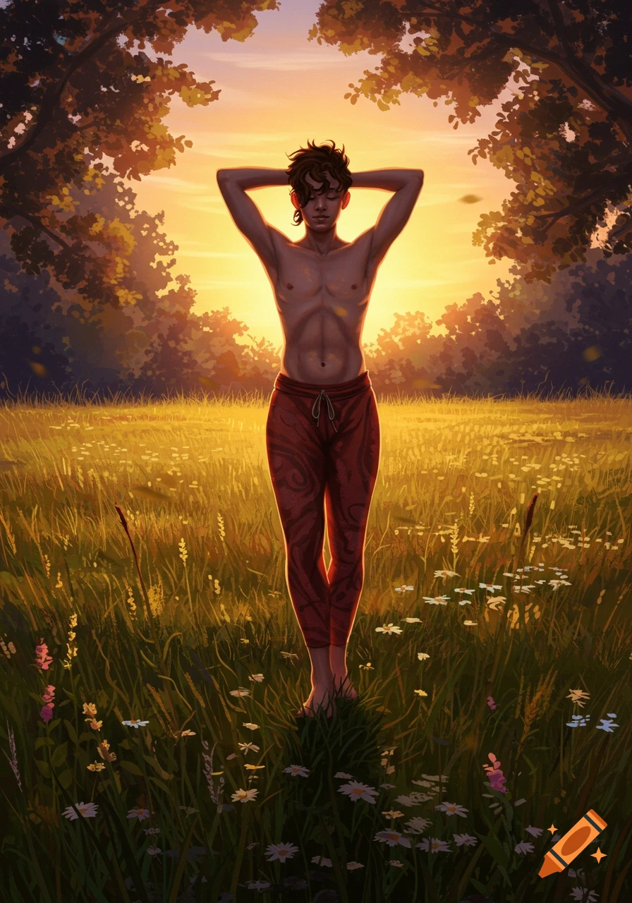 A shirtless man stands with hands behind his head in a golden grassy field at sunset, digital painting.