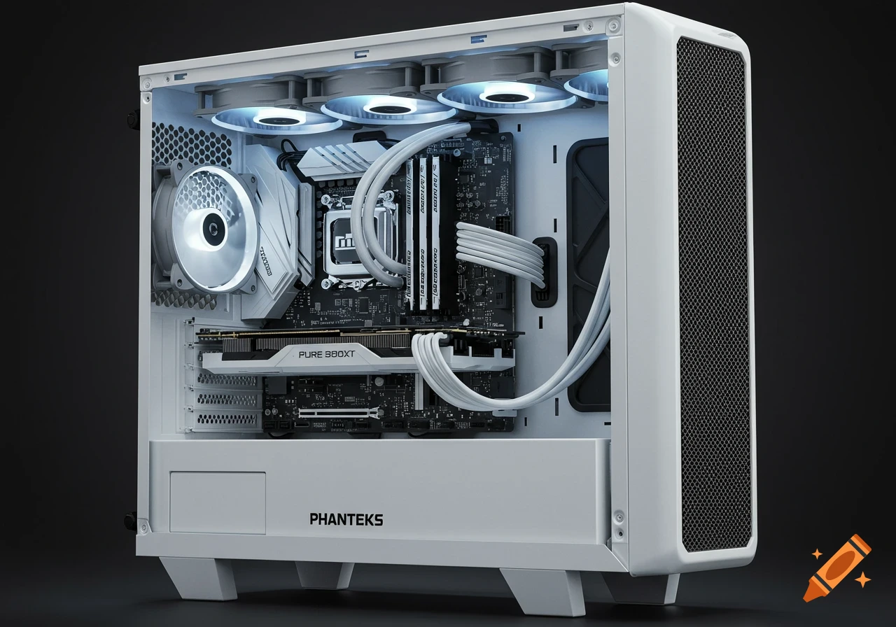 A photorealistic image of the inside of a white Phanteks NV5 PC case, showcasing various illuminated components like the CPU cooler, GPU, and fans with white cables.