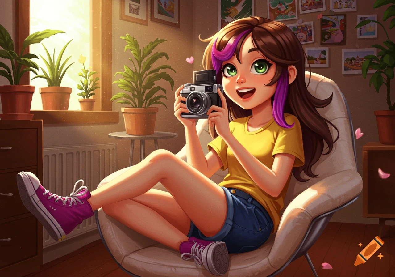 A smiling cartoon girl with brown hair and purple streaks sits in a sunlit room, holding a camera. She wears a yellow shirt, denim shorts, and purple sneakers.