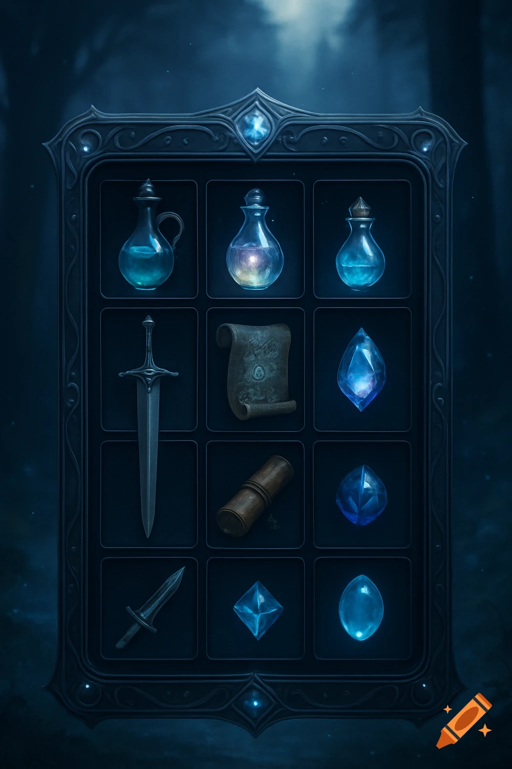 Fantasy RPG inventory panel with glowing potions, swords, a scroll, and gems on a dark forest background.