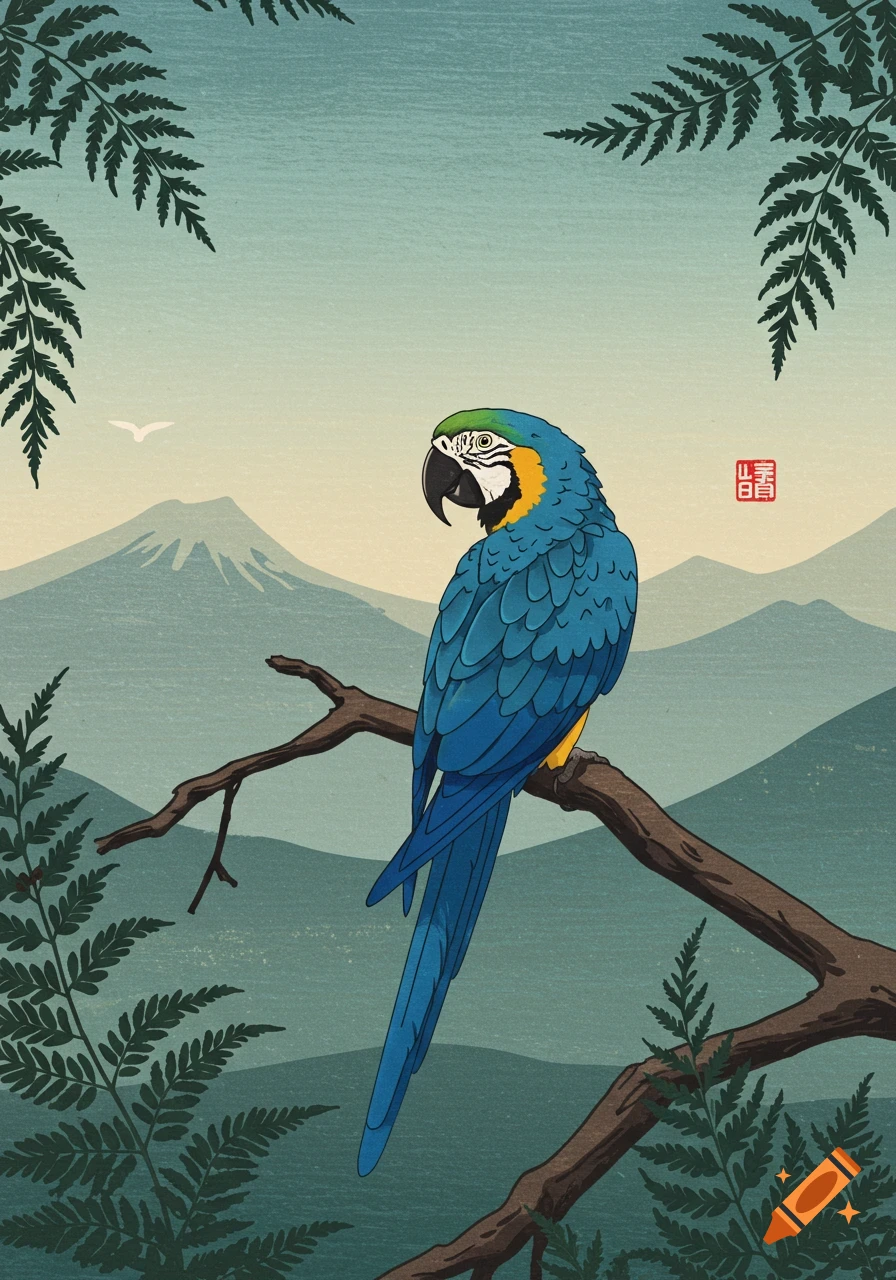 A blue and yellow macaw parrot perched on a branch, with ferns and distant mountains, in a serene ukiyo-e style.