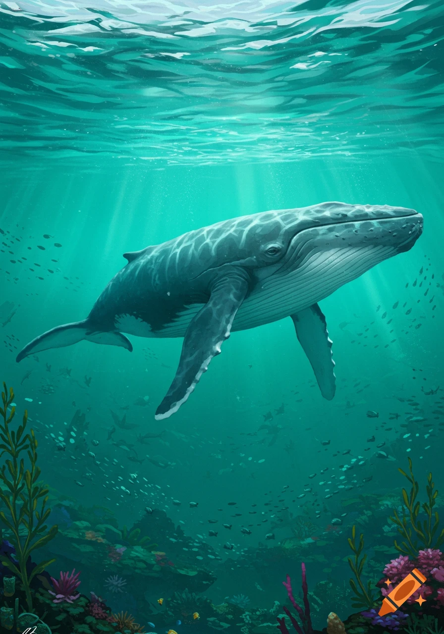 A large whale swims in turquoise water with sunlight filtering from above, surrounded by coral reefs and schools of small fish.