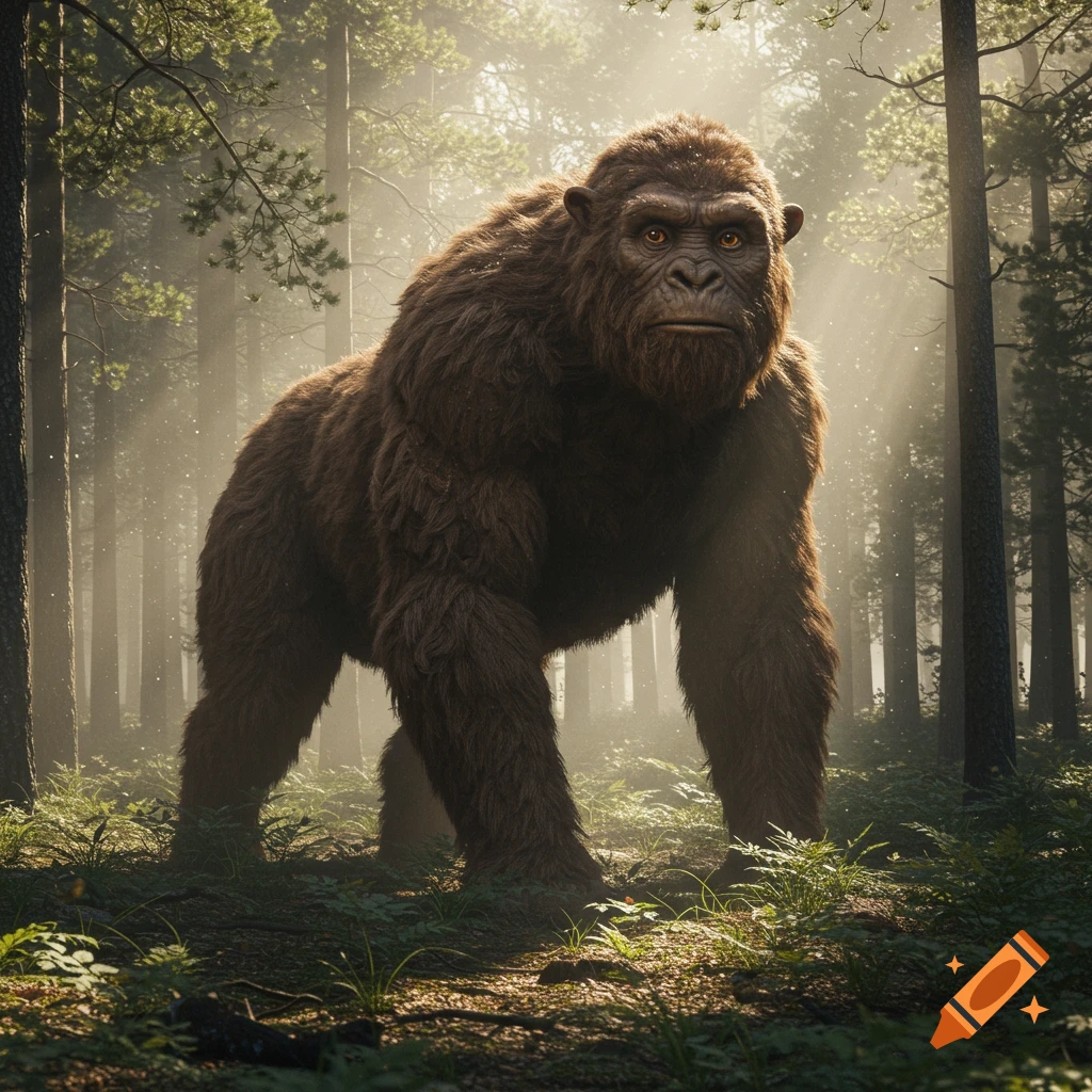A photorealistic depiction of a large, brown, ape-like cryptid (Big Muzzy/Bigfoot) standing in a sun-dappled forest.