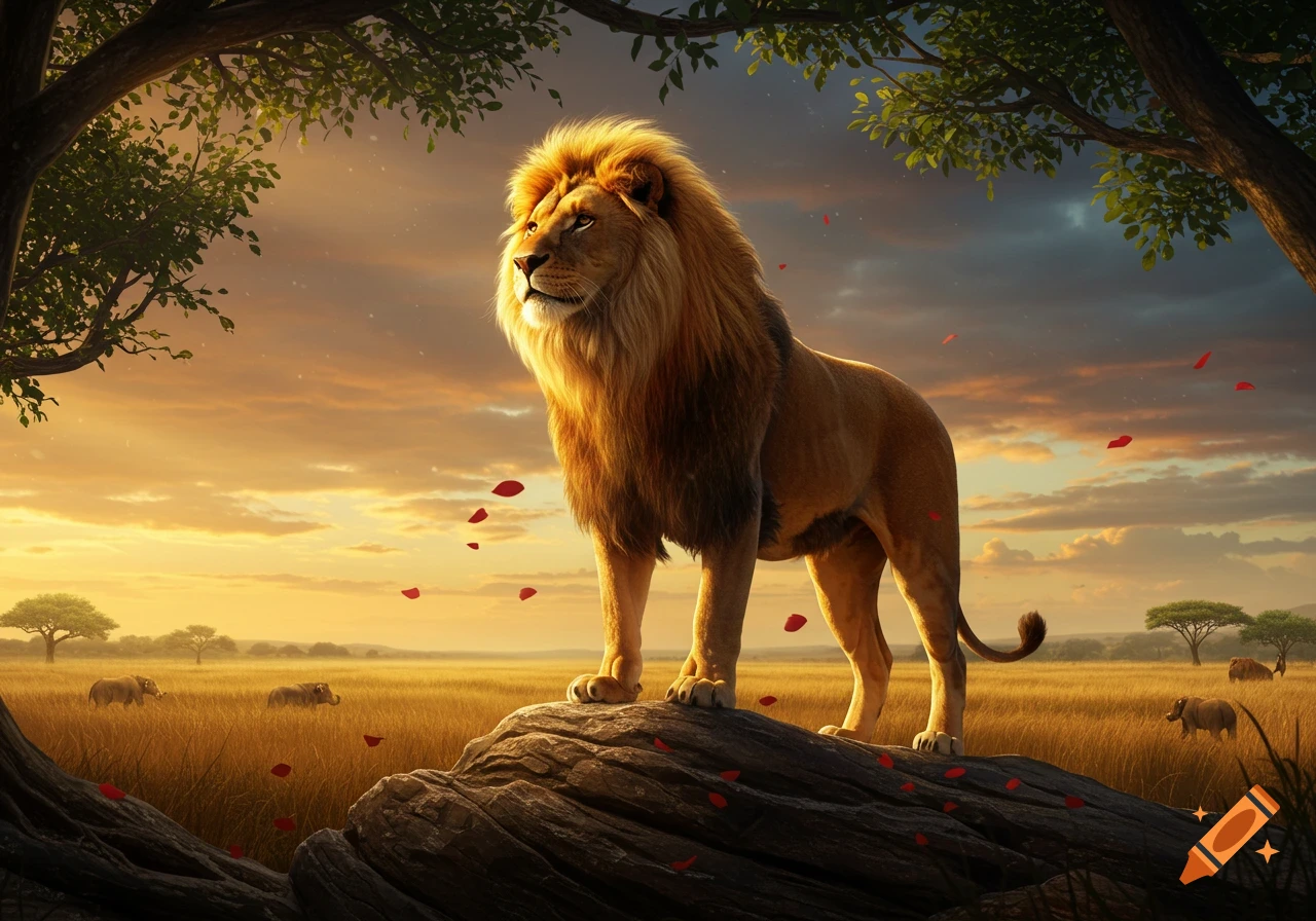 Photorealistic lion stands majestically on a rock in a golden savanna at sunset, with elephants in the distance.