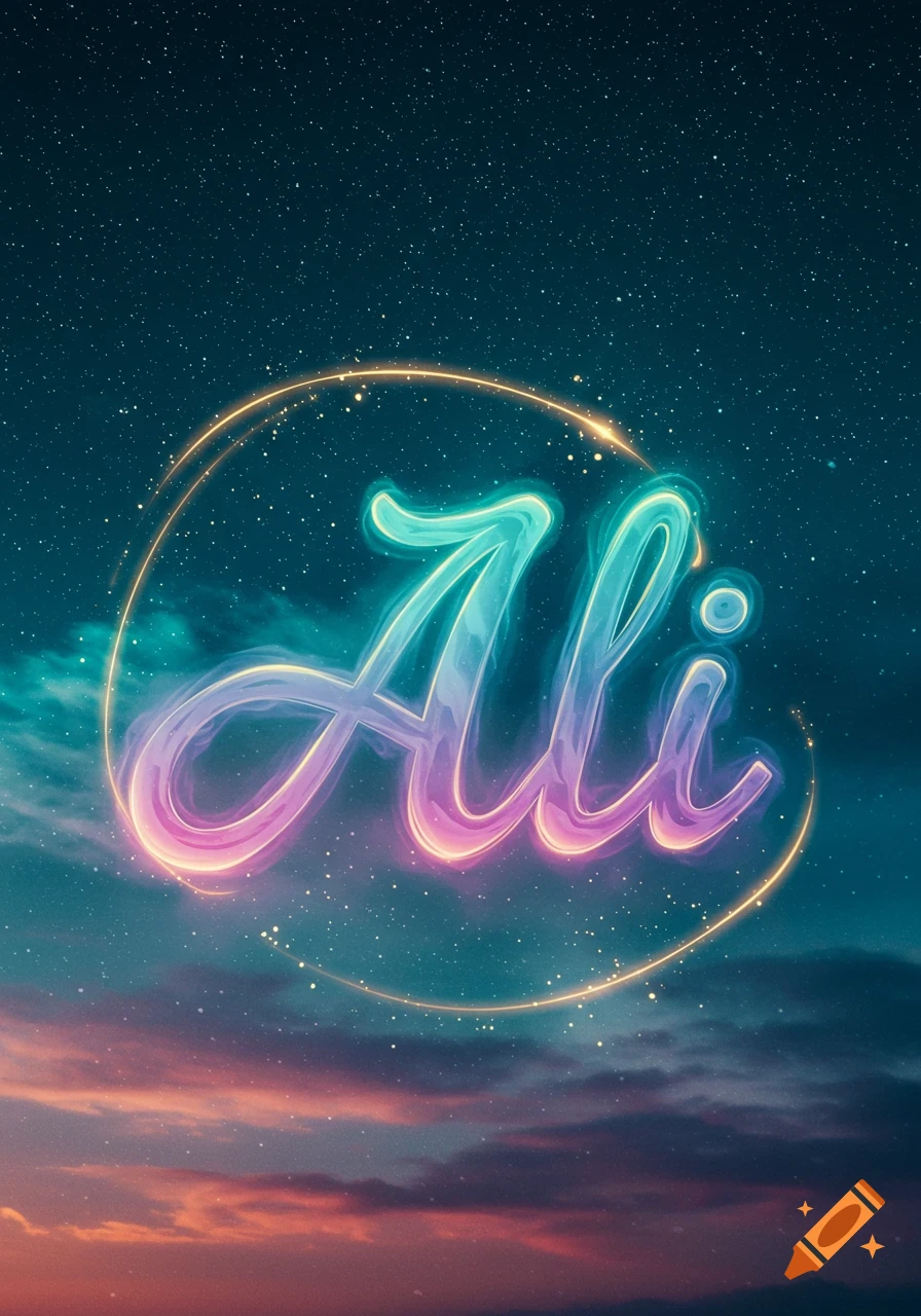 The name Ali, glowing in vibrant teal and purple hues, surrounded by a golden ring against a starry night sky and a sunset horizon.