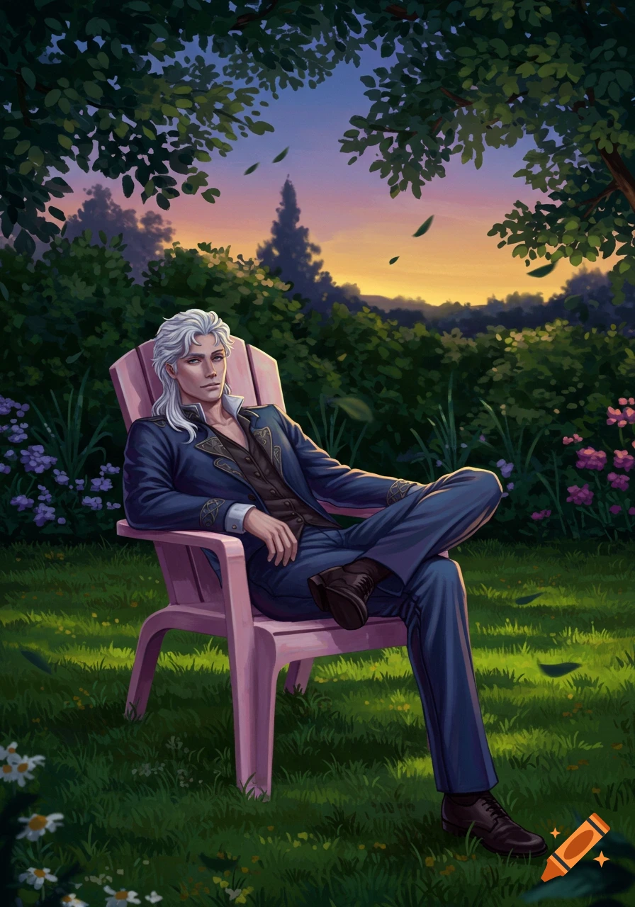 A man with long white hair in a blue suit sits in a pink lawn chair in a lush garden at sunset. Art illustration.