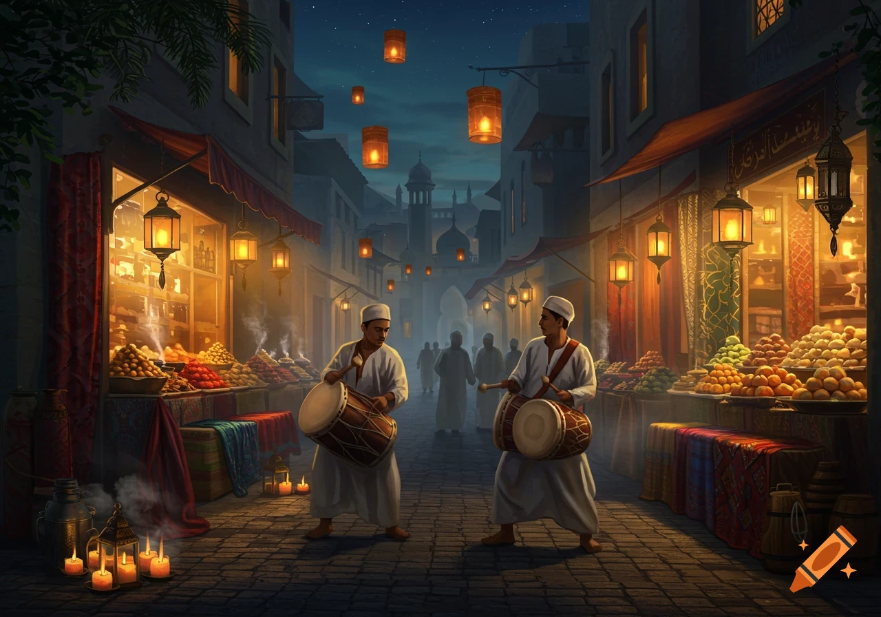 Two men in traditional attire play drums in a vibrant night market street filled with food stalls and glowing lanterns.