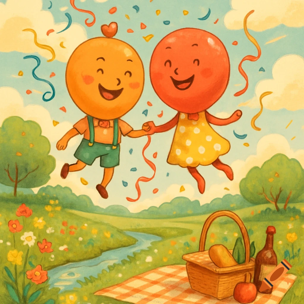 Two smiling balloon characters float above a picnic with confetti in a vibrant, whimsical illustration.