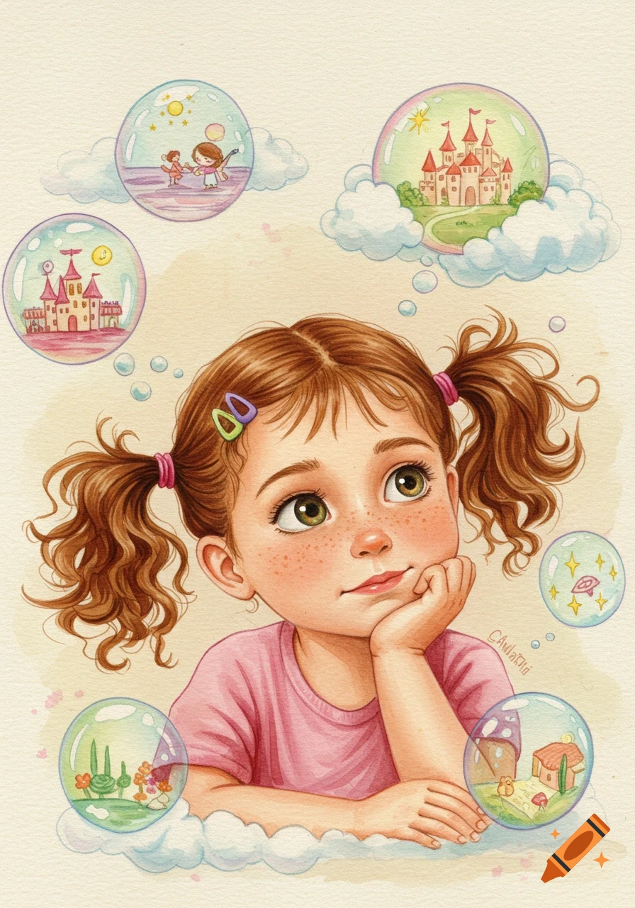 Whimsical watercolor of a pensive young girl with pigtails, surrounded by thought bubbles depicting castles and magical scenes.
