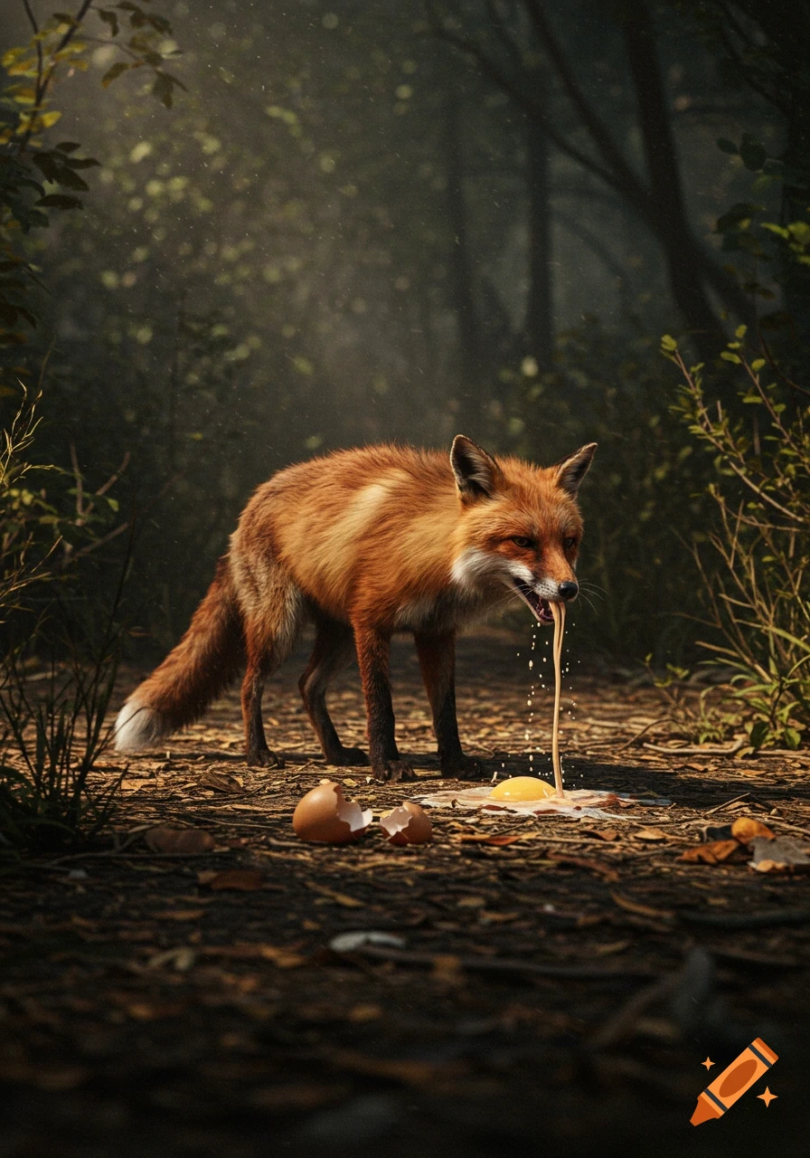 A red fox in a forest spits out a raw egg on the ground next to broken eggshells, with dappled sunlight.