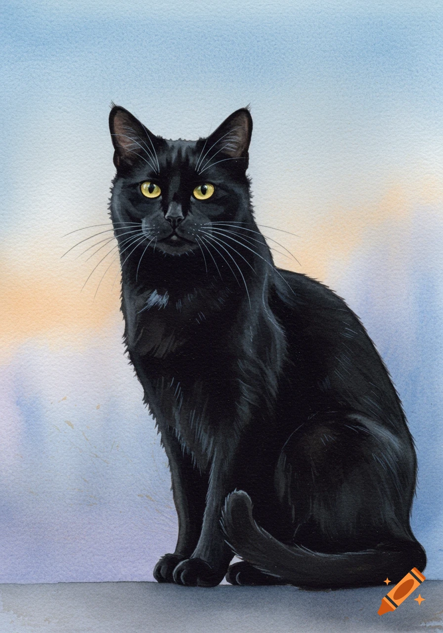 Watercolor portrait of a black cat with yellow eyes, sitting against a soft blue and orange background.