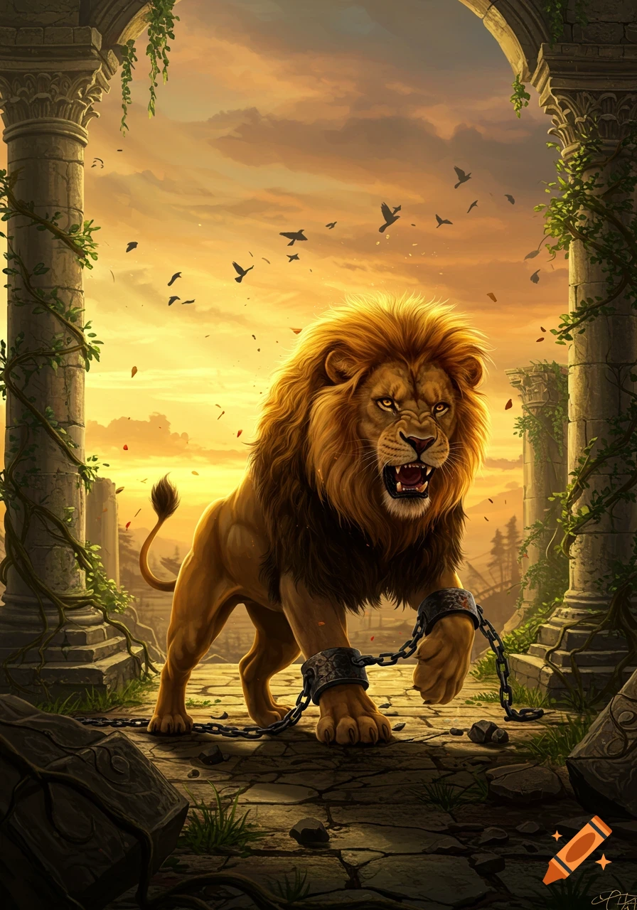 A powerful, chained lion roars fiercely amidst crumbling ancient ruins at a dramatic sunset.