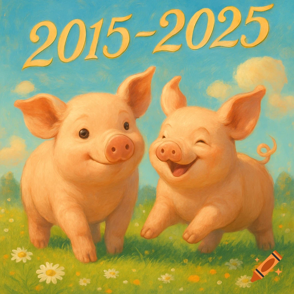 Two cute, smiling cartoon pigs stand in a green field with white flowers under a blue sky, with '2015-2025' text above them.