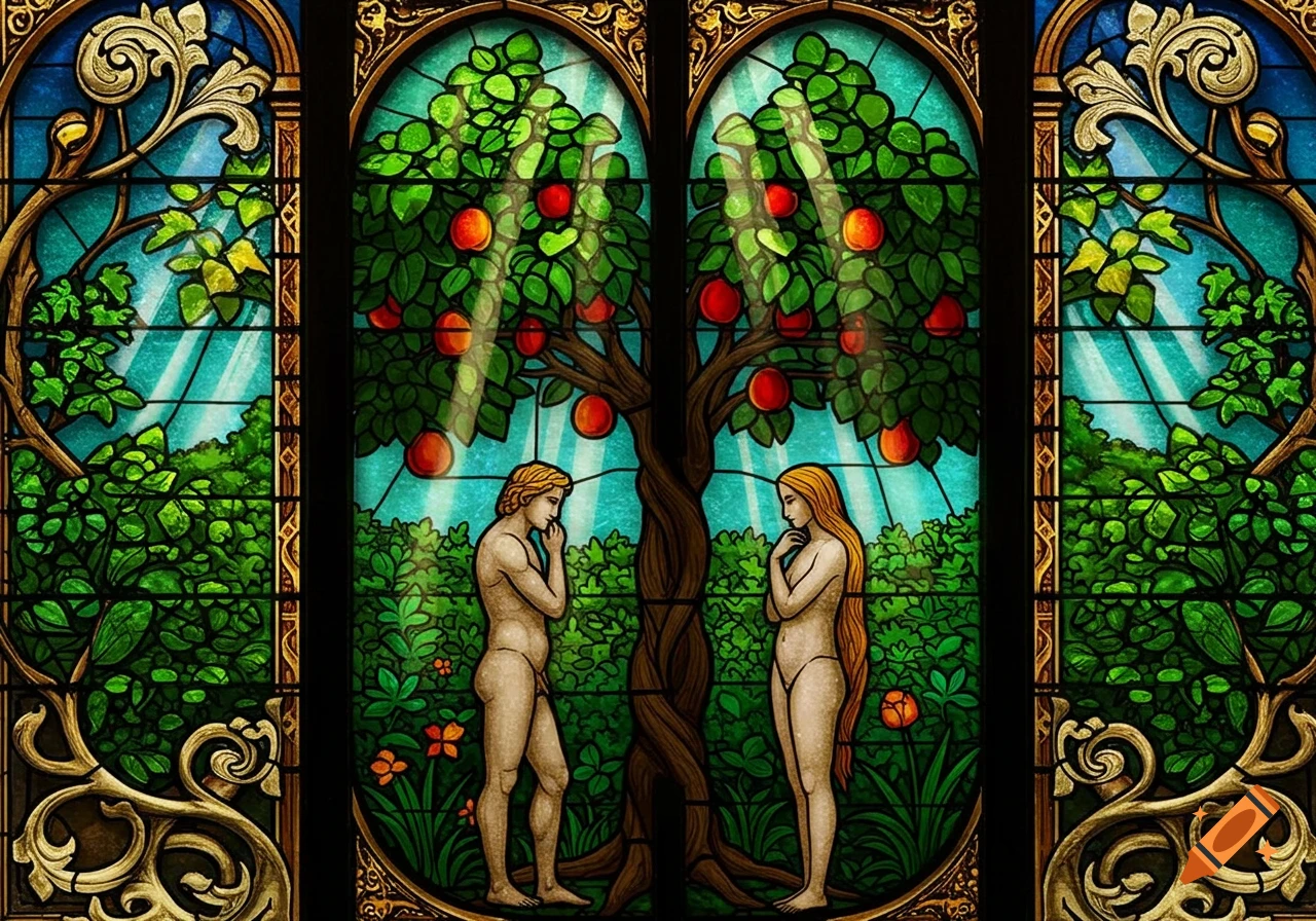 Stained glass depiction of Adam and Eve beside the Tree of Knowledge in the Garden of Eden.