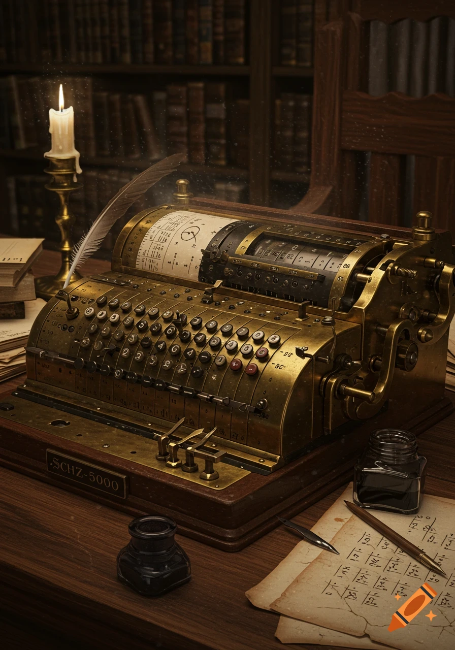 A detailed, photorealistic image of a vintage brass calculating machine on a wooden desk, illuminated by a lit candle. Ink pots, a quill, and papers with illegible text surround it in a dimly lit library setting.