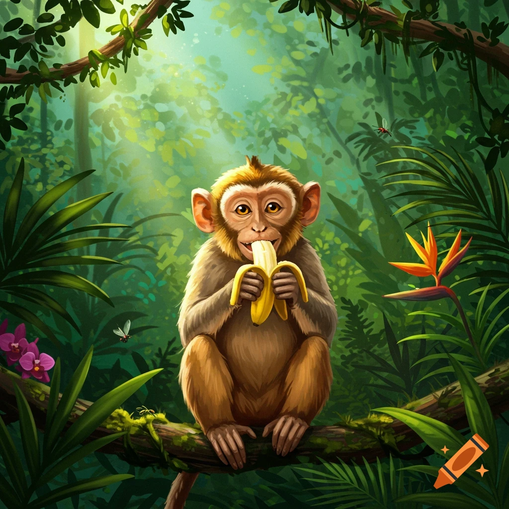 A cute cartoon monkey with a banana in its mouth sits on a mossy branch in a lush, sun-dappled jungle.