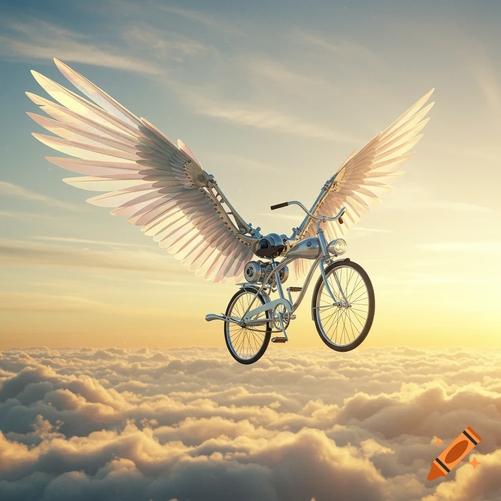 A vintage-style bicycle with large mechanical wings flies above clouds at sunset.