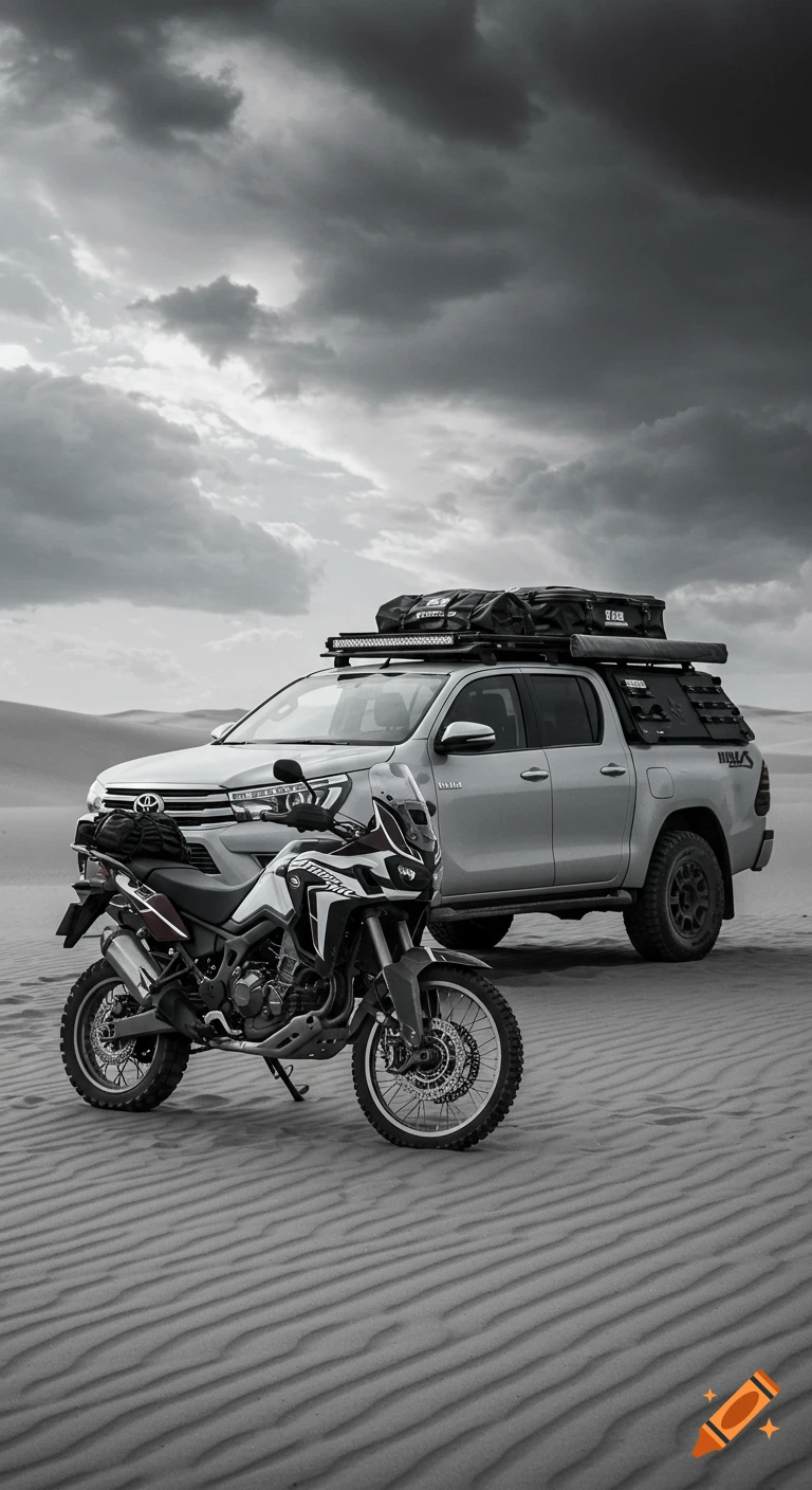 Black and white cinematic photo of a Toyota Hilux and Honda Africa Twin adventure motorcycle parked in a desert under a cloudy sky.