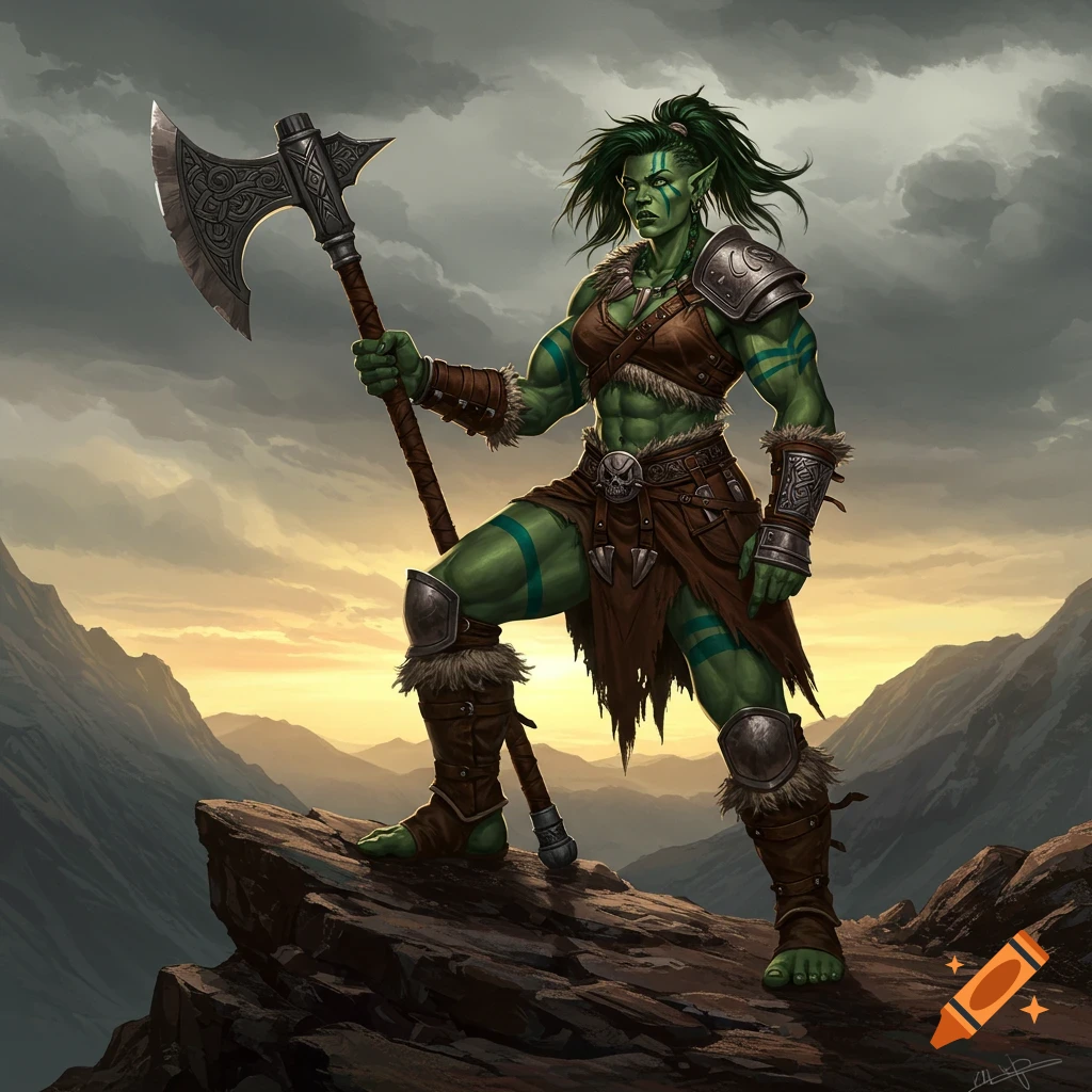 A muscular green-skinned female ogre barbarian stands on a rocky peak, holding a greataxe, with a sunset mountain landscape behind her.
