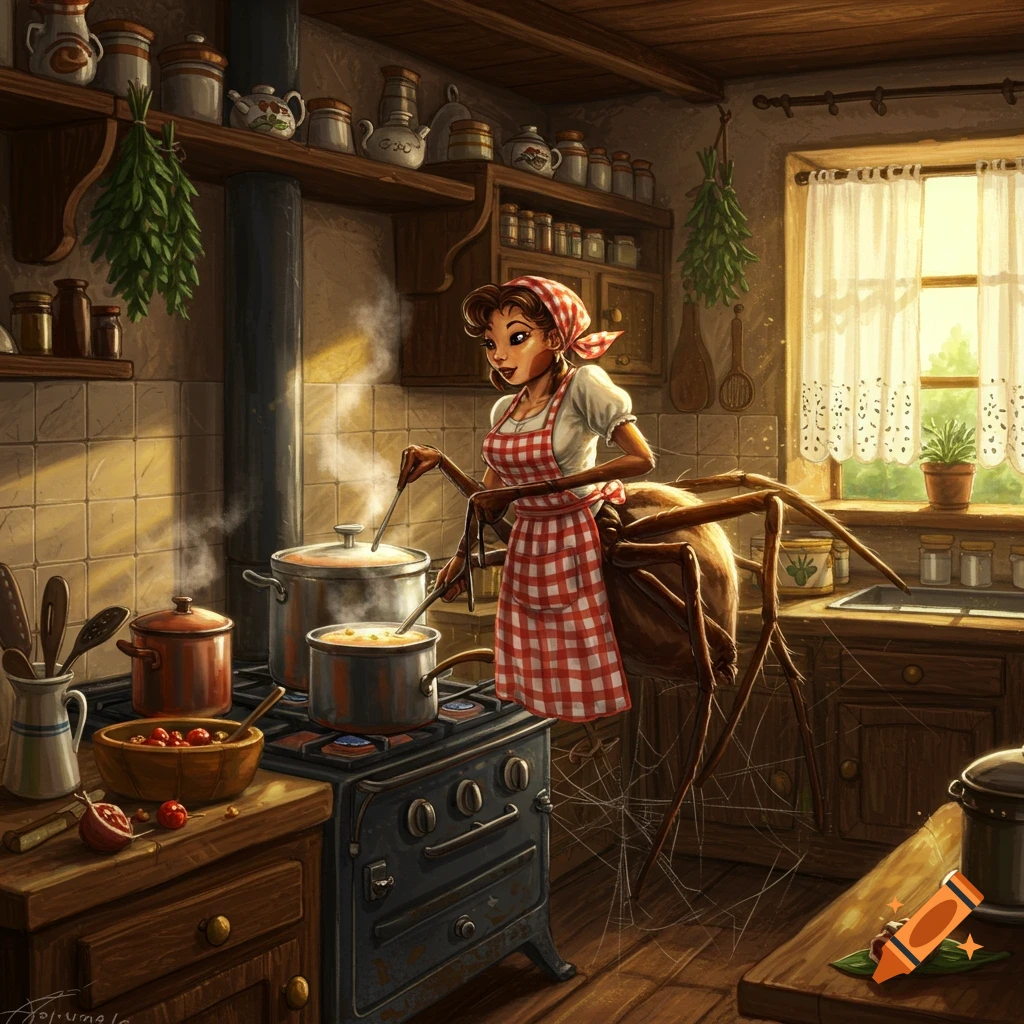 A fantasy illustration of a spider-woman in a red and white checkered apron cooking at a stove in a rustic kitchen.