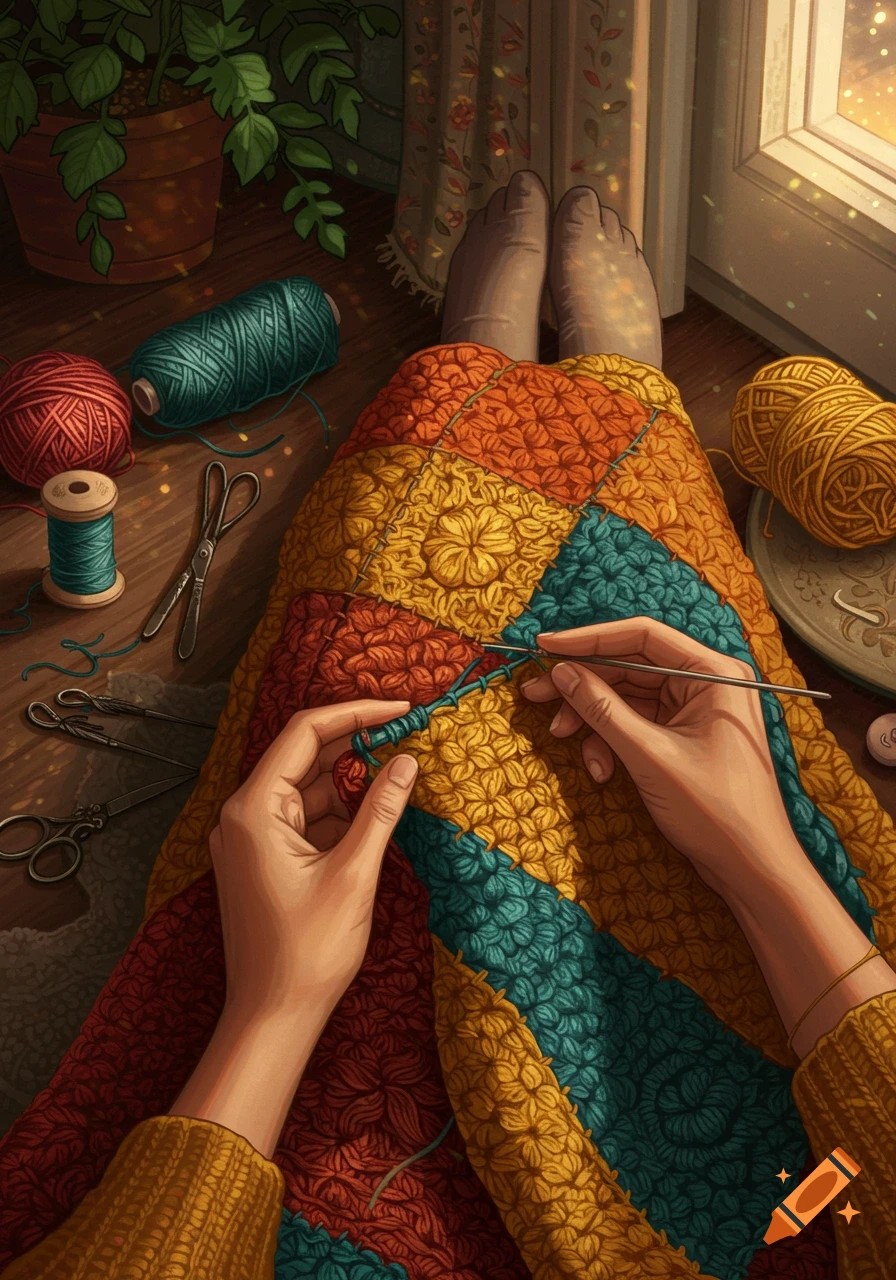 Close-up, top-down illustration of a person's hands crocheting a colorful blanket. Yarn, scissors, and a plant are on the floor. Sunlight streams in from a window.