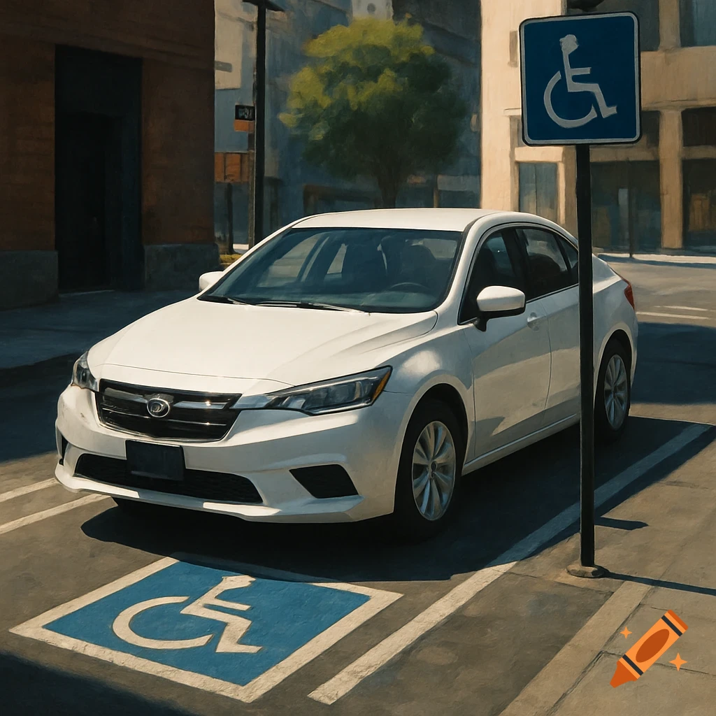 A white sedan parked in a disabled parking spot, marked with a blue sign and painted symbol on the ground.